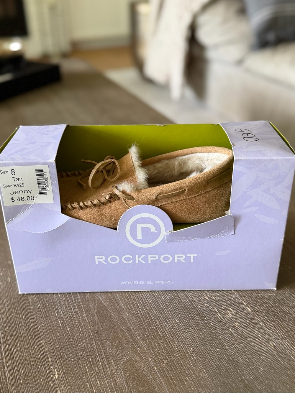 Rockport Women’s Tan Suede Moccasin Slippers with Faux Fur Lining - Sz 8